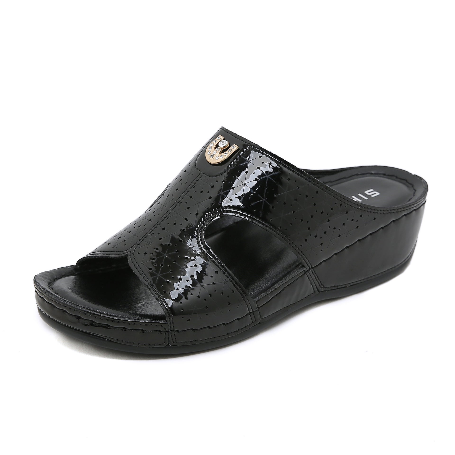 Non-Slip Bottom Women's Shoes Stitching Wedge Ethnic Flower Large Size Slippers Women