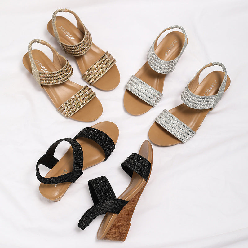 Fashion Heel Shoes Roman Shoes Rhinestone Elegant Heel Casual Wedge Sandals for Women