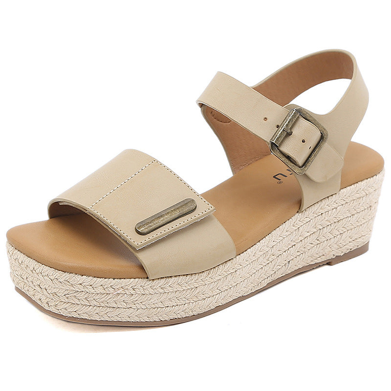 Women's Retro Peep Toe Comfortable Straw Muffin Wedge Large Size Sandals