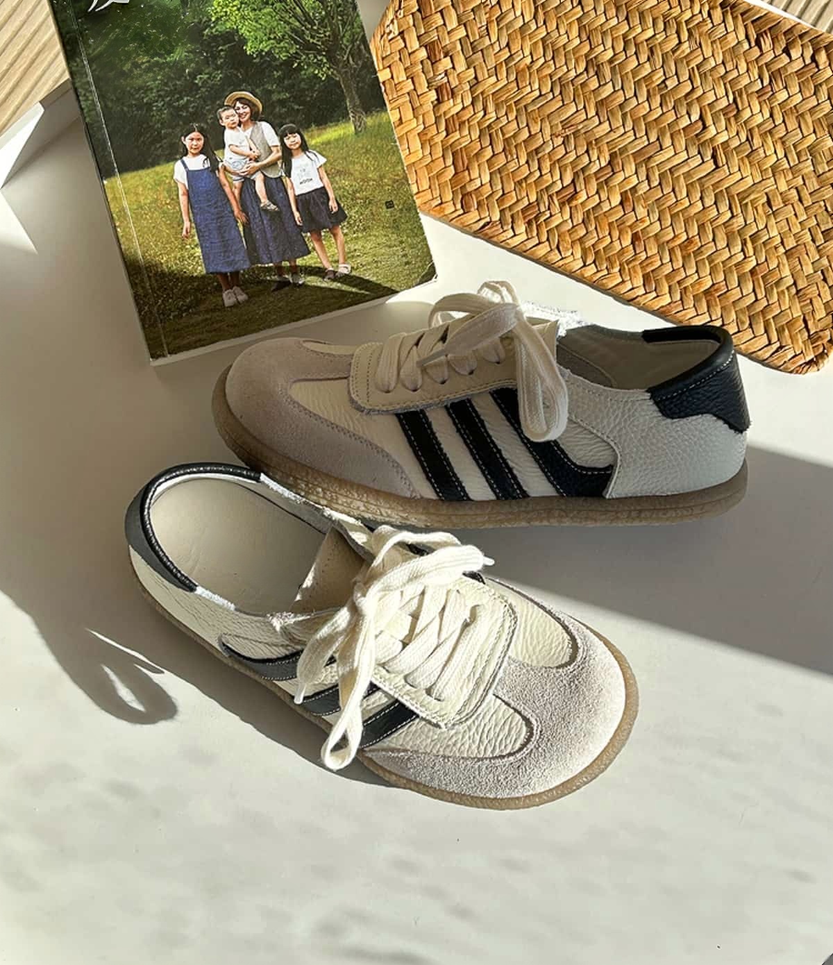 Leather round head lace-up shoes soft sole versatile German training shoes little white shoes
