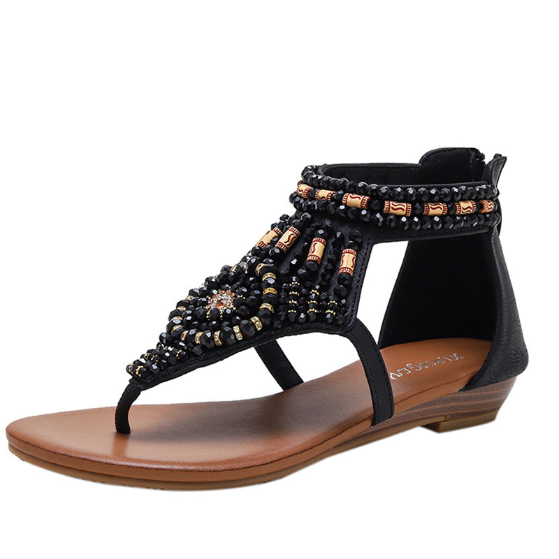 Vacation Flip-Flops Women's European and American Fashion Wedge Rhinestone Roman Sandals