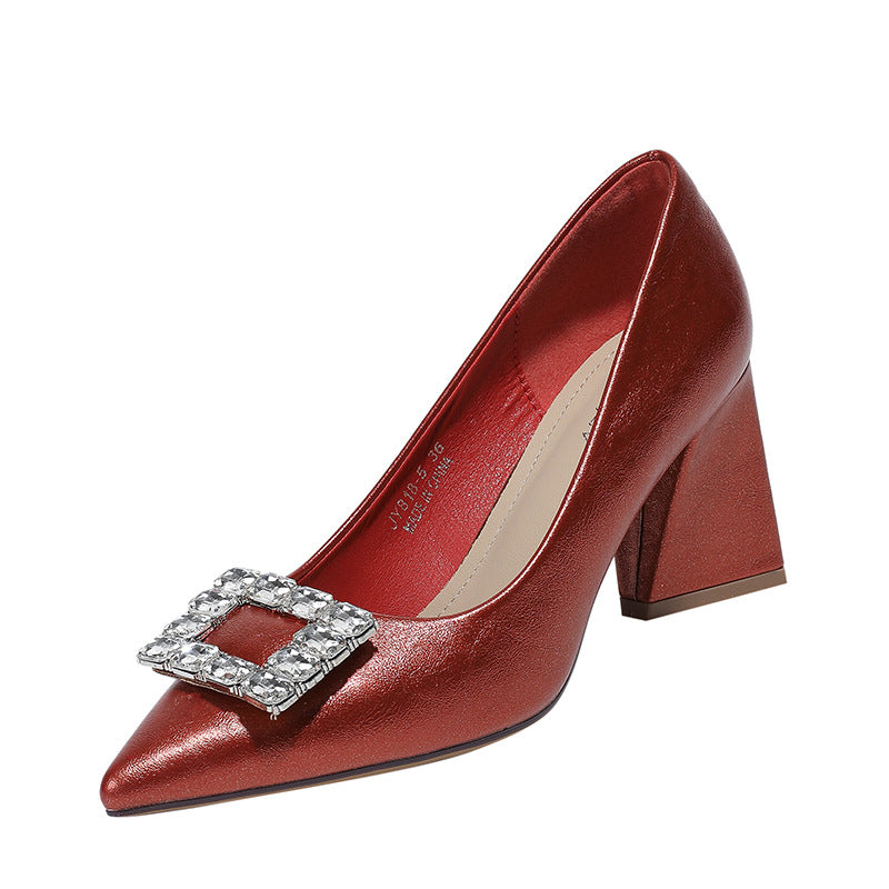 Pointed Toe Heel Shoes for Women Youyagongzhu Rhinestone Square Buckle Chunky Heel Not Tired Feet Pumps