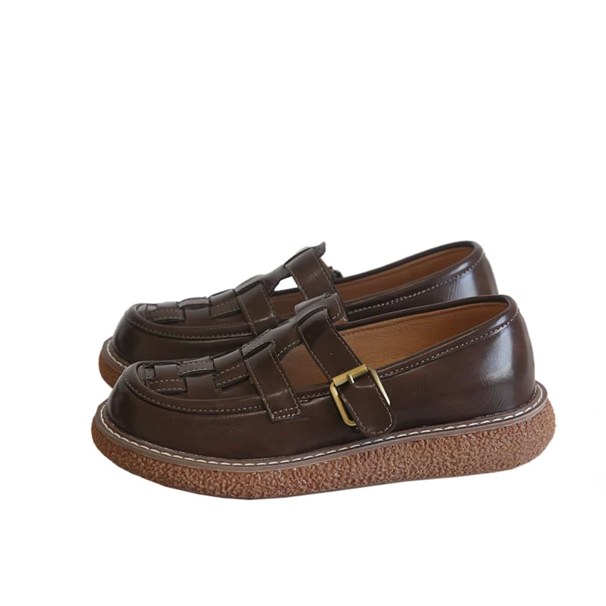 Hollow woven round head thick sole big head sandals summer beige buckle strap Roman shoes