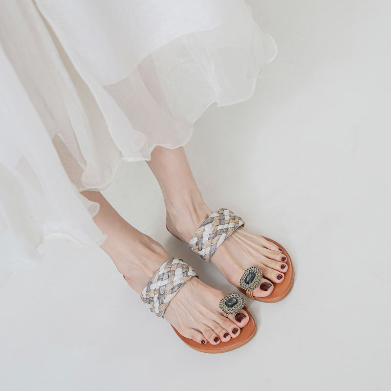 Toe outside Wedge Slippers Woven Bohemian Rhinestone Vacation Beach Shoes