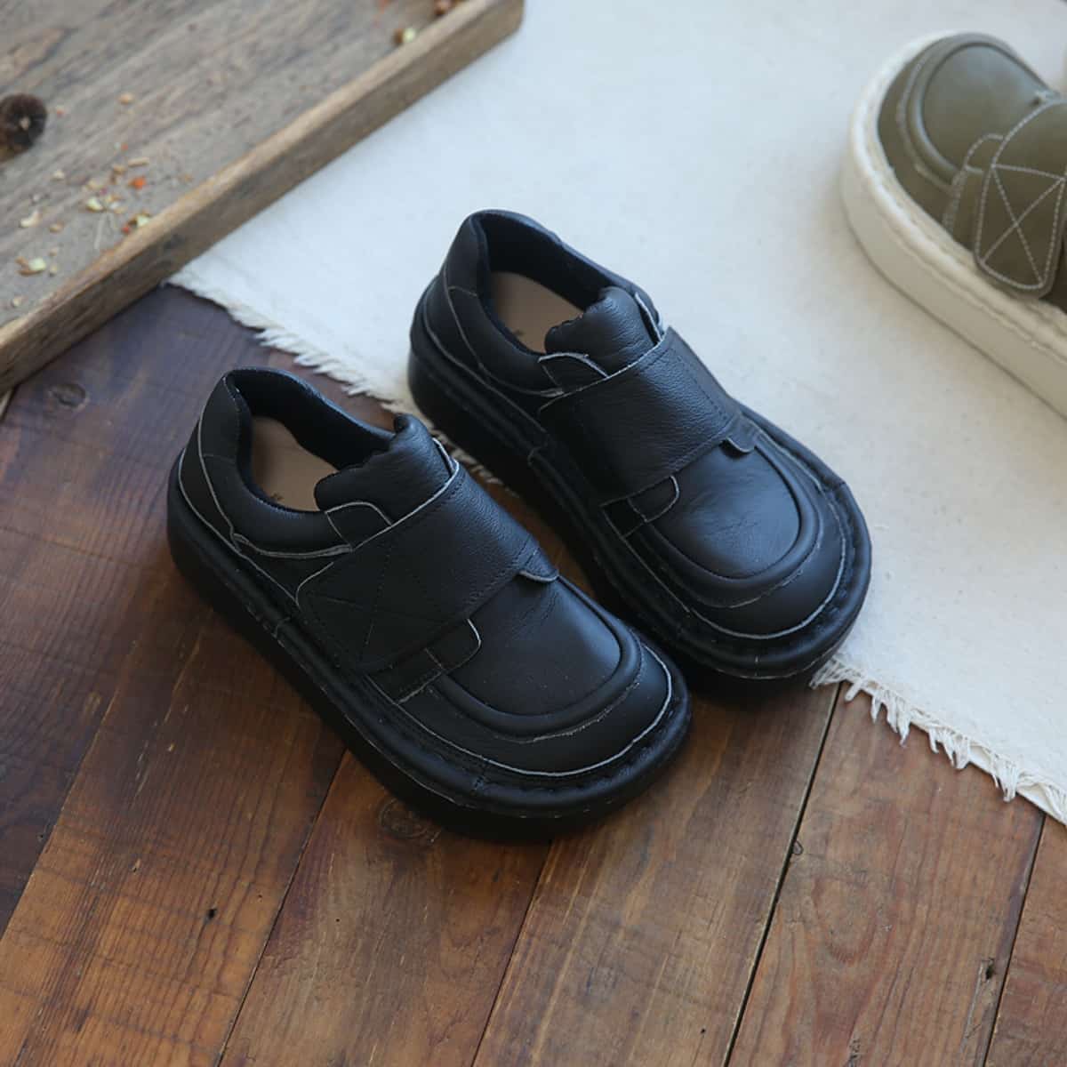 Leather round head platform big head shoes Velcro heightening shoes