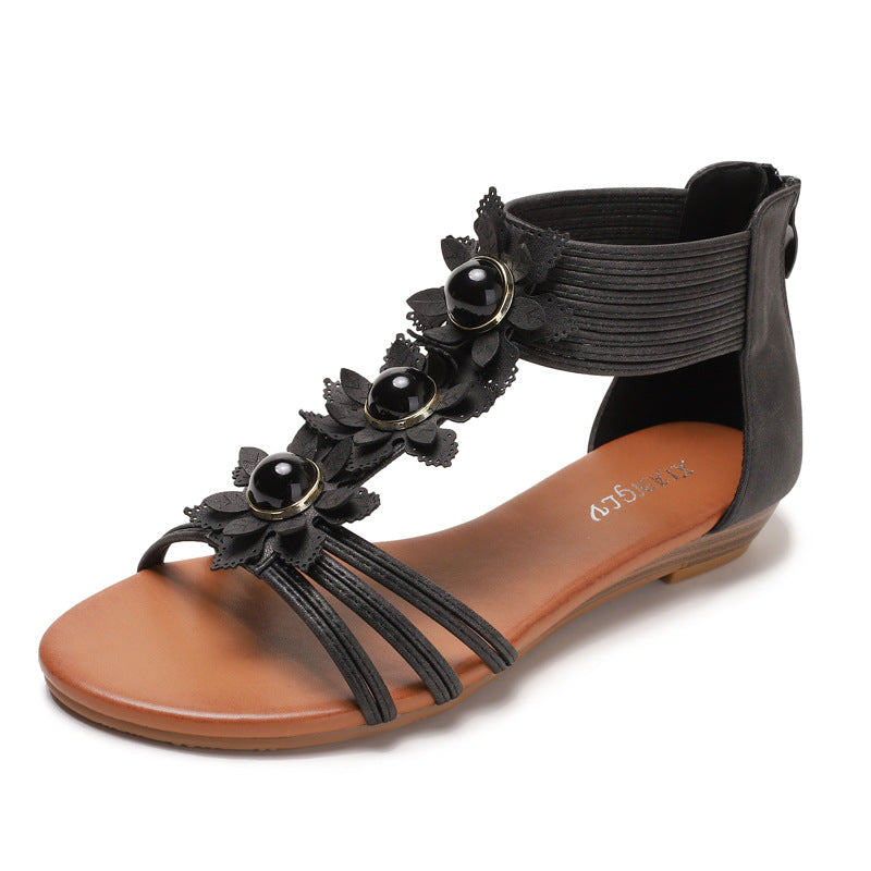 Women's Outdoor Sandals Bohemian Retro Flower Wedge Roman Shoes