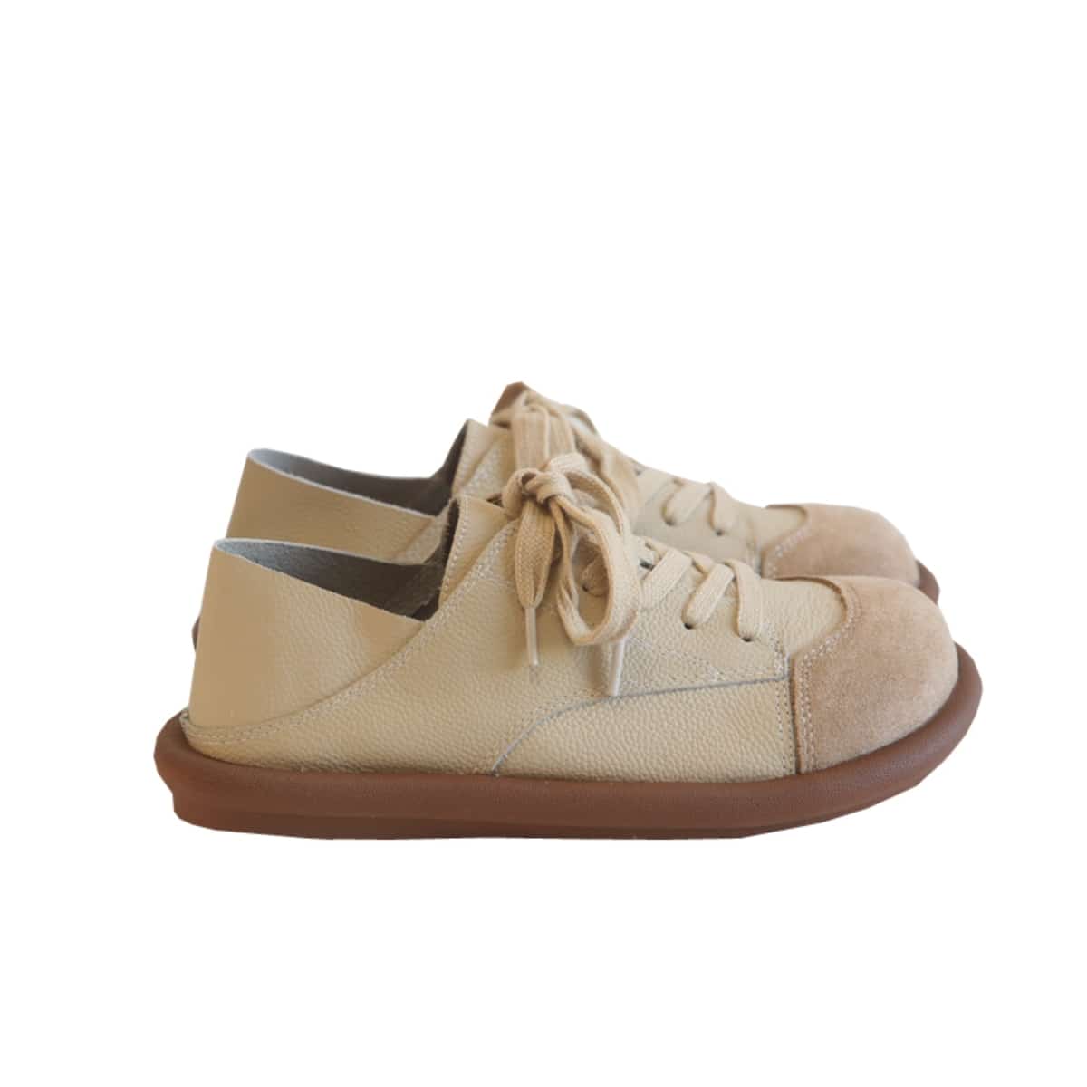 Leather round head lace-up single shoes comfortable soft sole low heel big head shoes small leather shoes