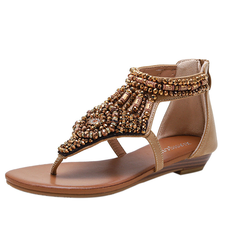 Vacation Flip-Flops Women's European and American Fashion Wedge Rhinestone Roman Sandals
