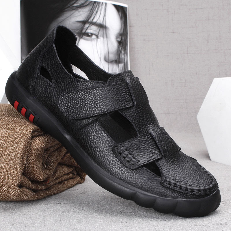 Men's sandals leather summer soft sole non-slip casual hole shoes men's breathable first layer cowhide sandals