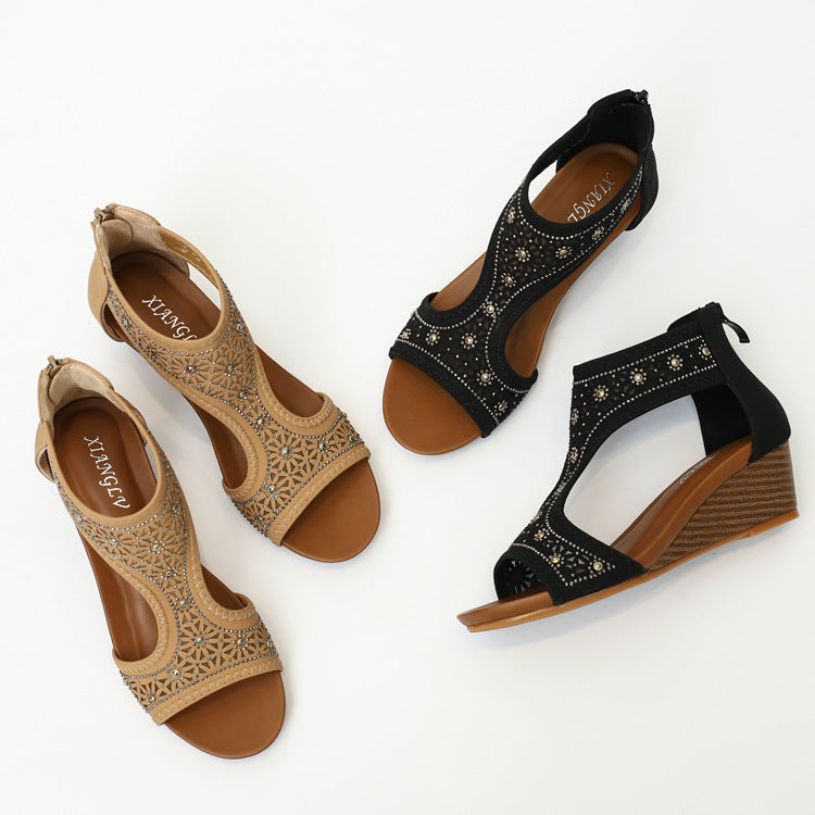 Bohemian Women's Sandals Wedge Mid Heel Mom Shoes Comfortable Wedge Women's Shoes