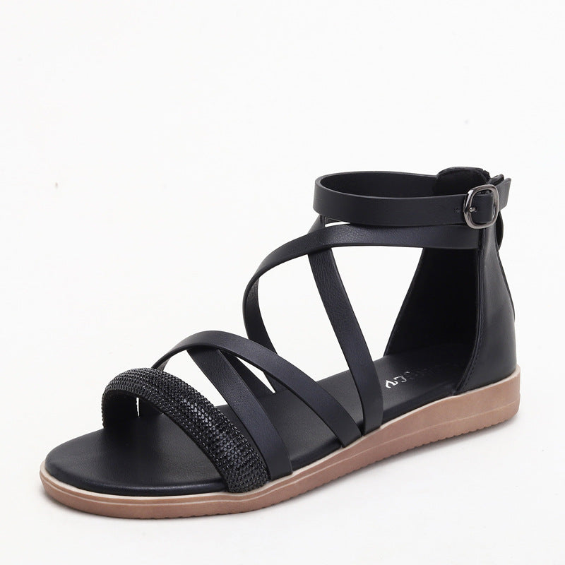 Sandals Women's Fashion Comfortable Mid Heel Pressure Diamond Niche Style with Empty Roman Sandals