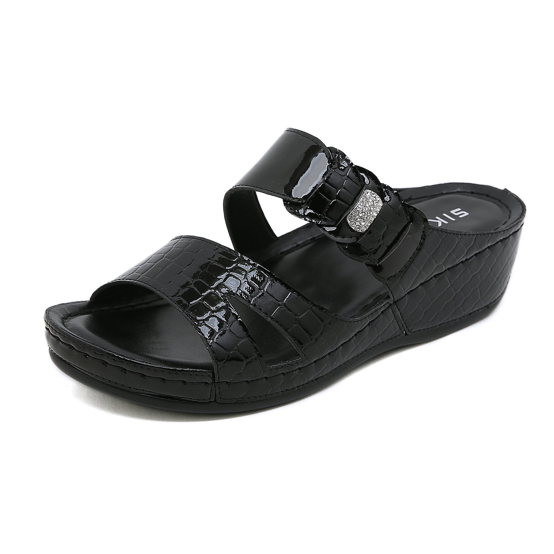 Non-Slip Bottom Women's Shoes Stitching Wedge Ethnic Flower Large Size Slippers Women