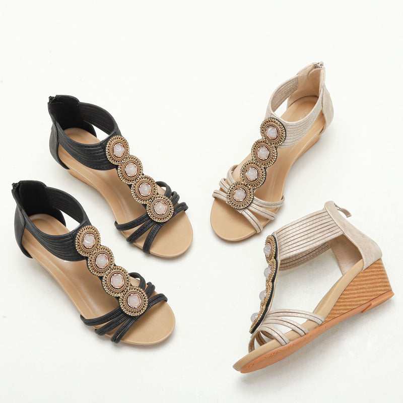 Women's Wedge Sandals Summer Roman Sandals Soft Bottom Non-Slip Retro Beaded plus Size Women's Shoes