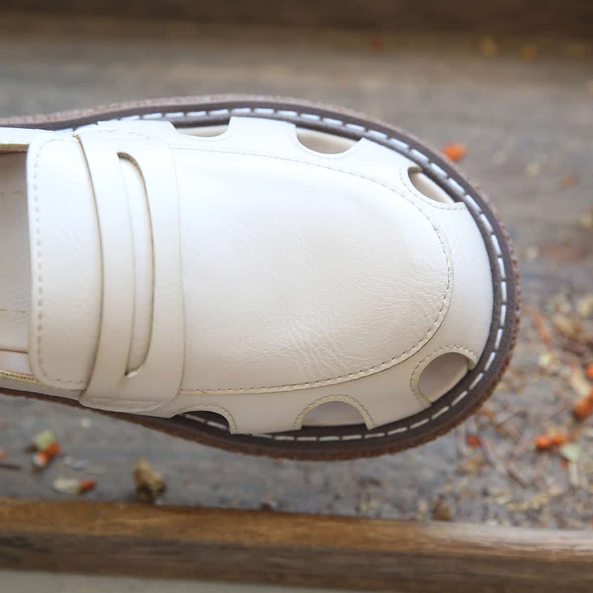 Hollow round head platform big head sandals summer Velcro beige mid-heel Roman shoes