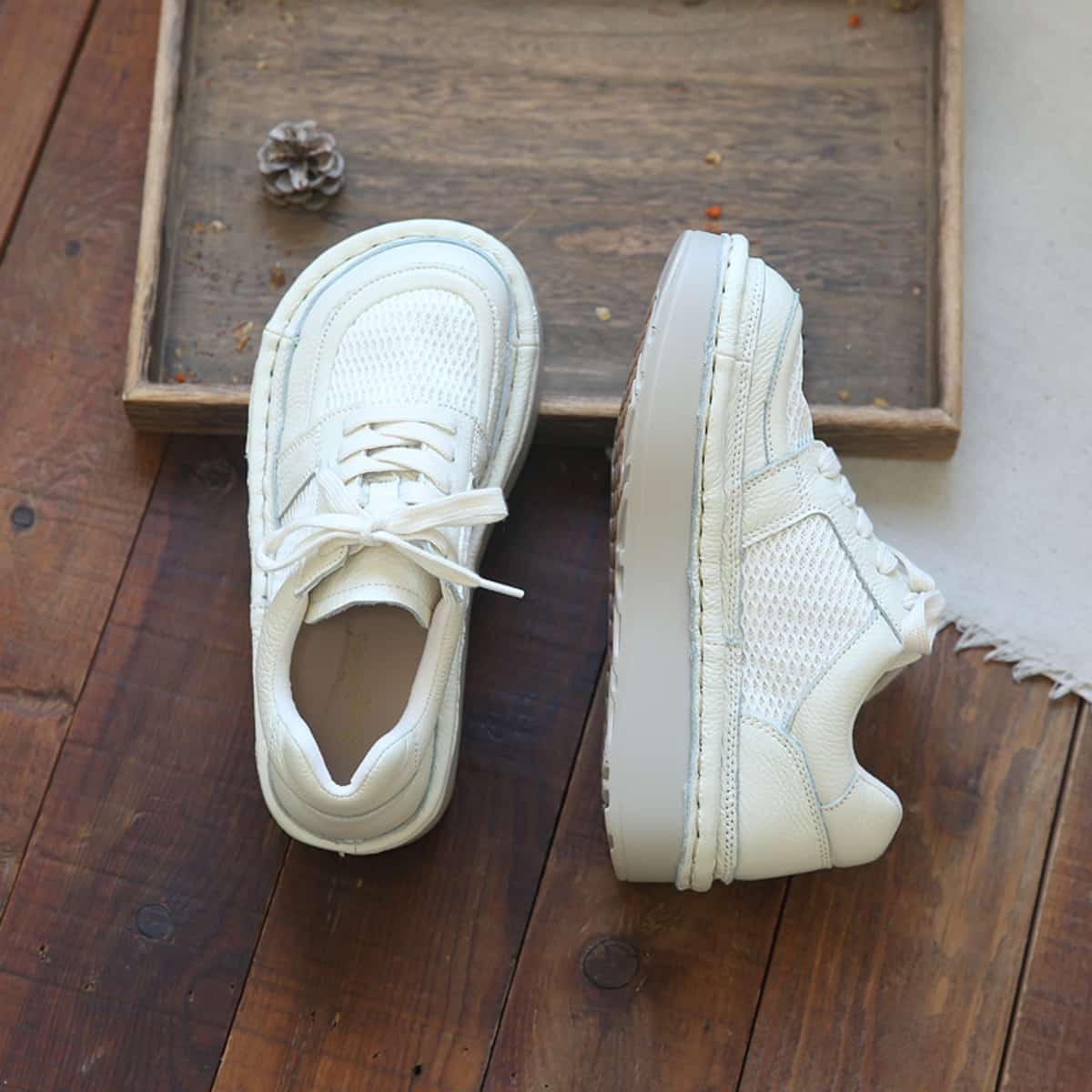Leather mesh round head lace-up thick-soled big head shoes summer breathable muffin sole single shoes