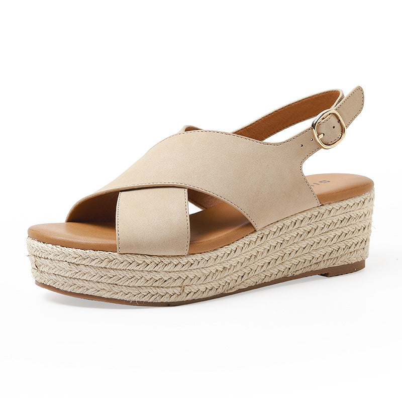 ALM3035-3 Cross-Strap Peep Toe Wedge Woven Hemp Rope Platform Comfortable Muffin Sandals for Women