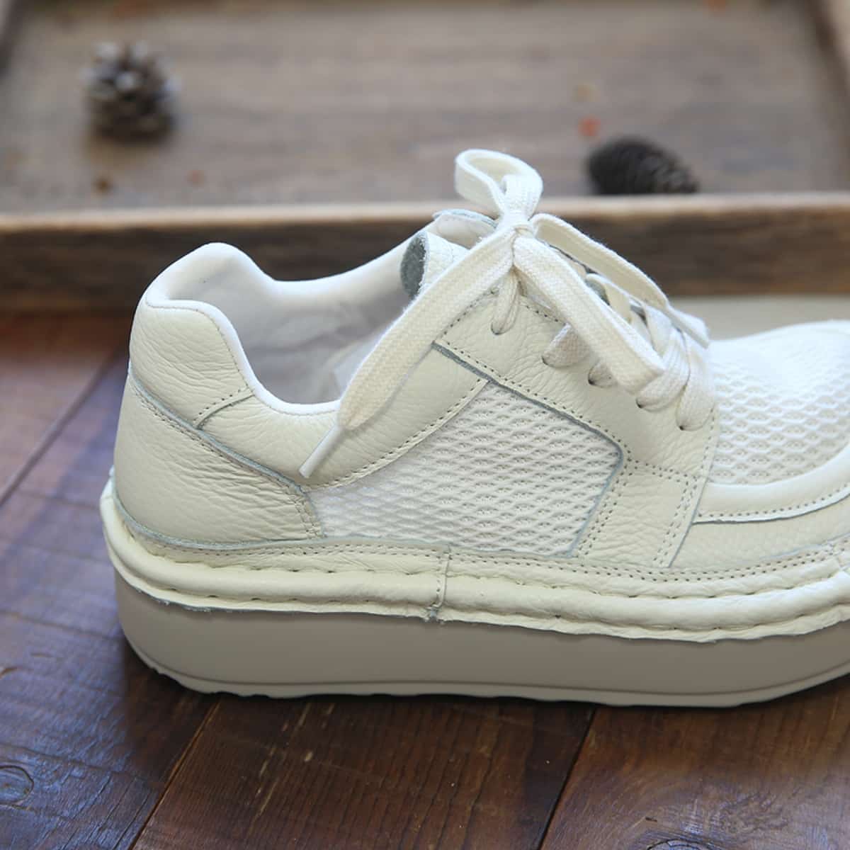 Leather mesh round head lace-up thick-soled big head shoes summer breathable muffin sole single shoes