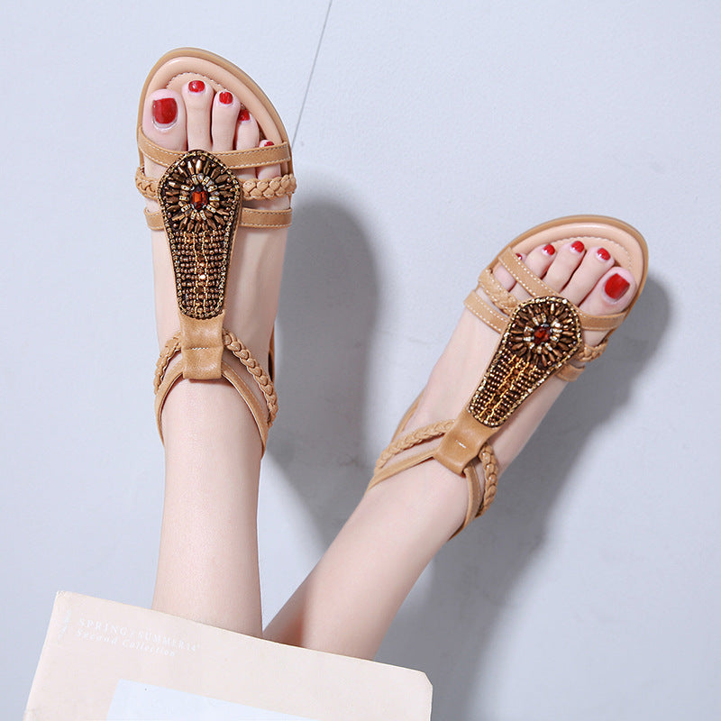Women's Sandals Bohemia Vintage Beaded Zipper Rhinestone Roman Sandal | Flat Sandals