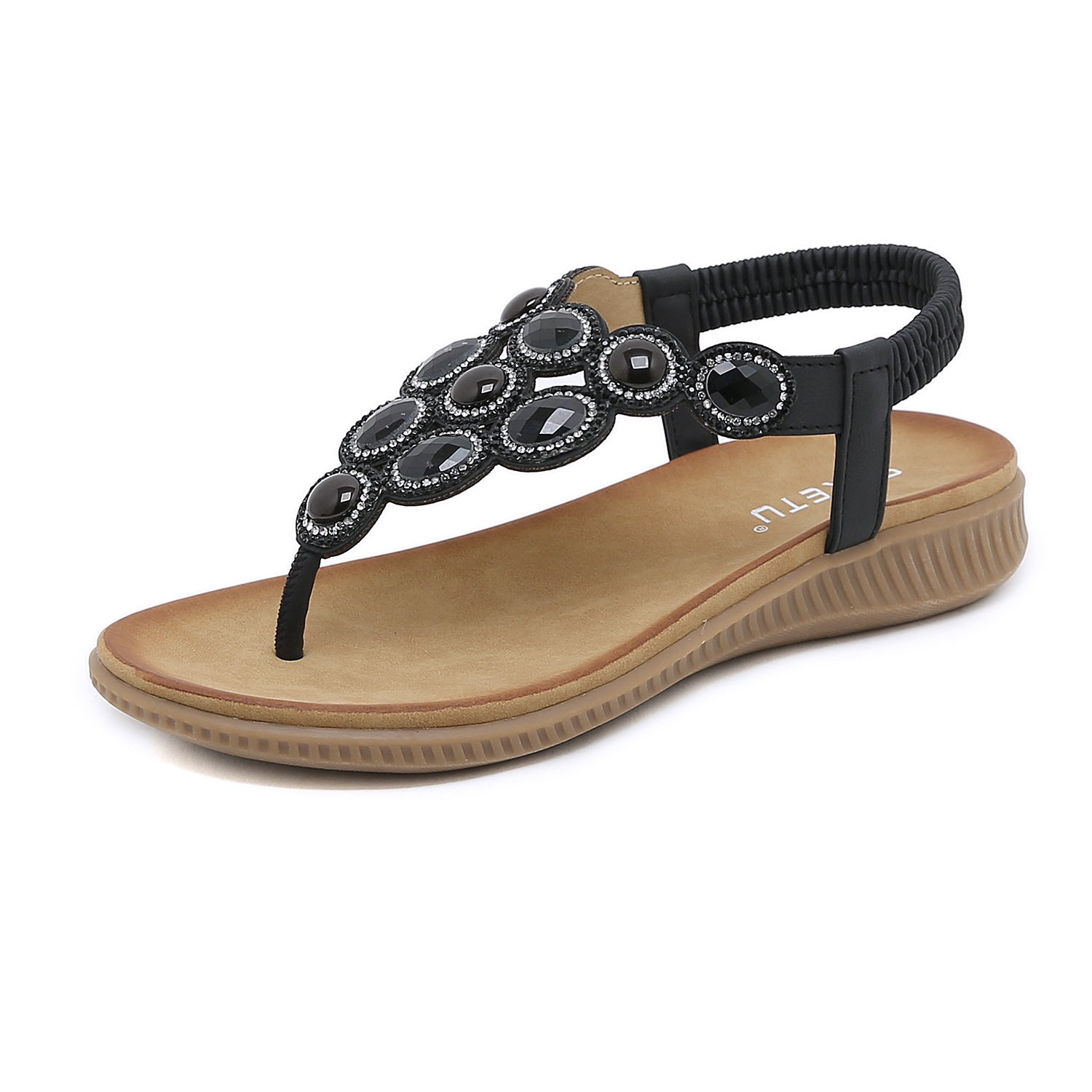 Sandals Bohemian Rhinestone Comfortable round Toe Seaside Holiday Large Size Shoes | Flat Sandals