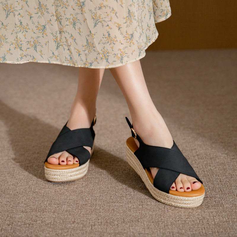 ALM3035-3 Cross-Strap Peep Toe Wedge Woven Hemp Rope Platform Comfortable Muffin Sandals for Women