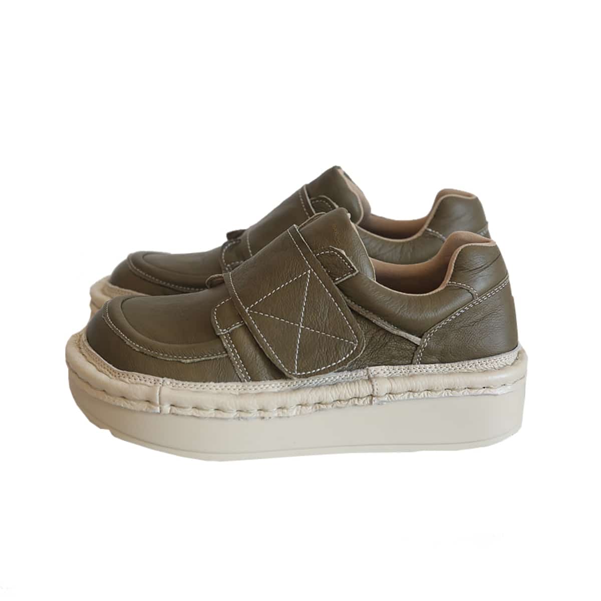 Leather round head platform big head shoes Velcro heightening shoes