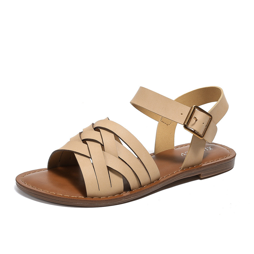 Flat Sandals Women's Simple Cross Strap Comfortable Flat Commuter Roman Beach Shoes