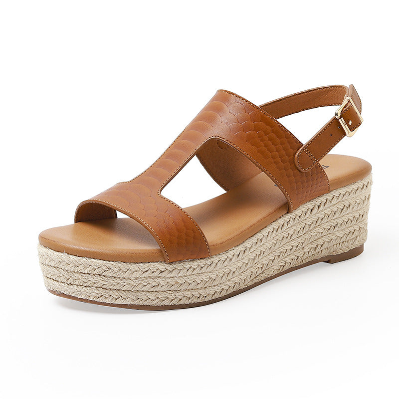 ALM3035-4 Retro Peep Toe Comfortable Straw Platform Wedge Sandals for Women