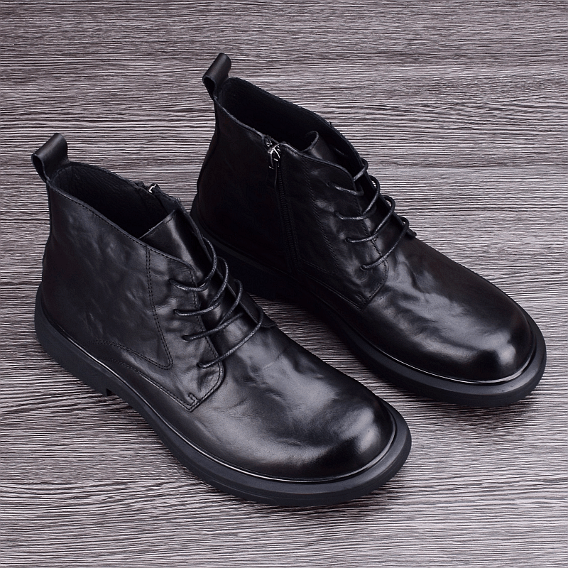 Autumn and winter leather Martin boots men's mid-top leather boots first layer cowhide high-top shoes round head wear-resistant men's boots