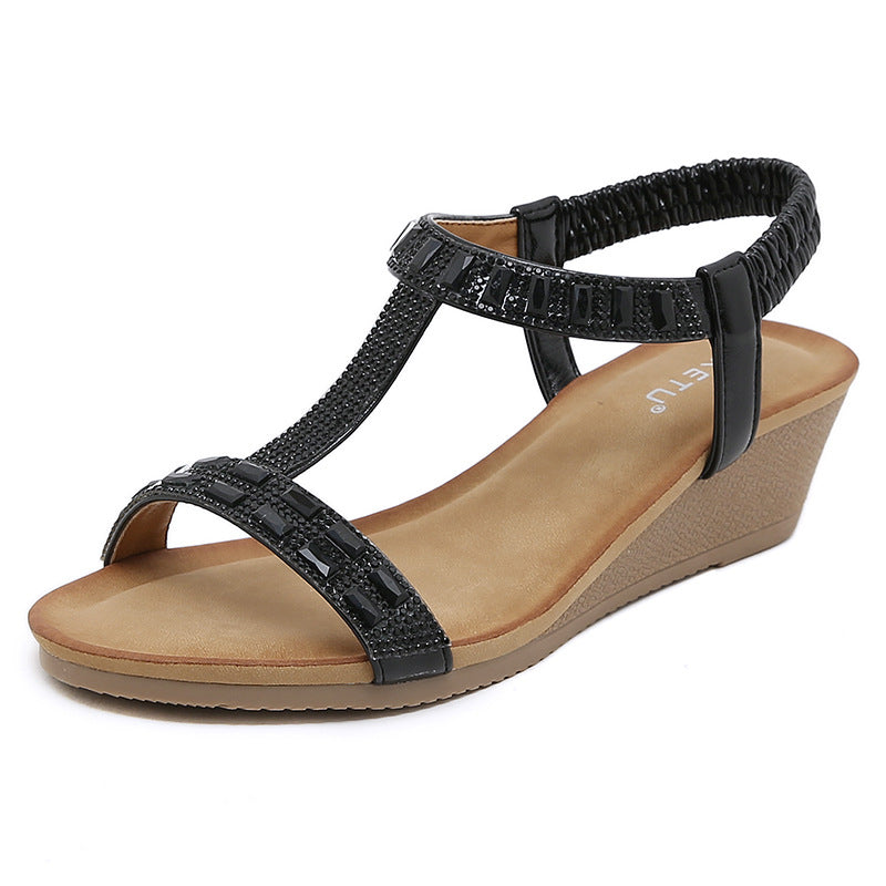 3217-5 Ethnic Style Bohemian Vintage Rhinestone Wedge Large Size Sandals