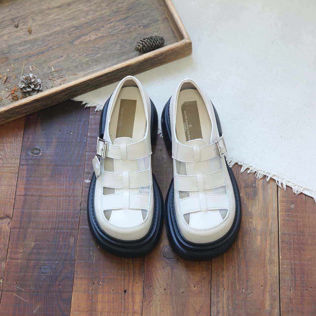 Leather hollow bag head thick sole big head shoes thick heel classic leather sandals Roman shoes summer