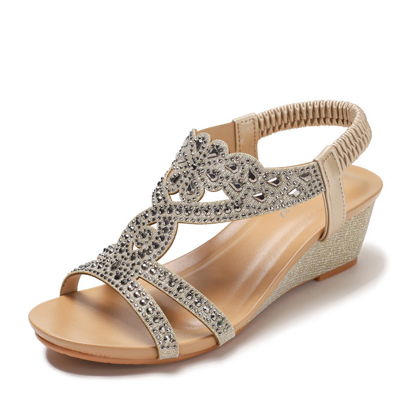 Wedge Fashion Sandals Bohemian Vintage Rhinestone Elastic Band Roman Shoes