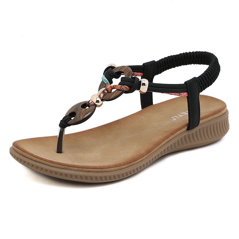 Z2927-4 Women's Sandals Wooden Bead Buckle Casual | Flat Sandals