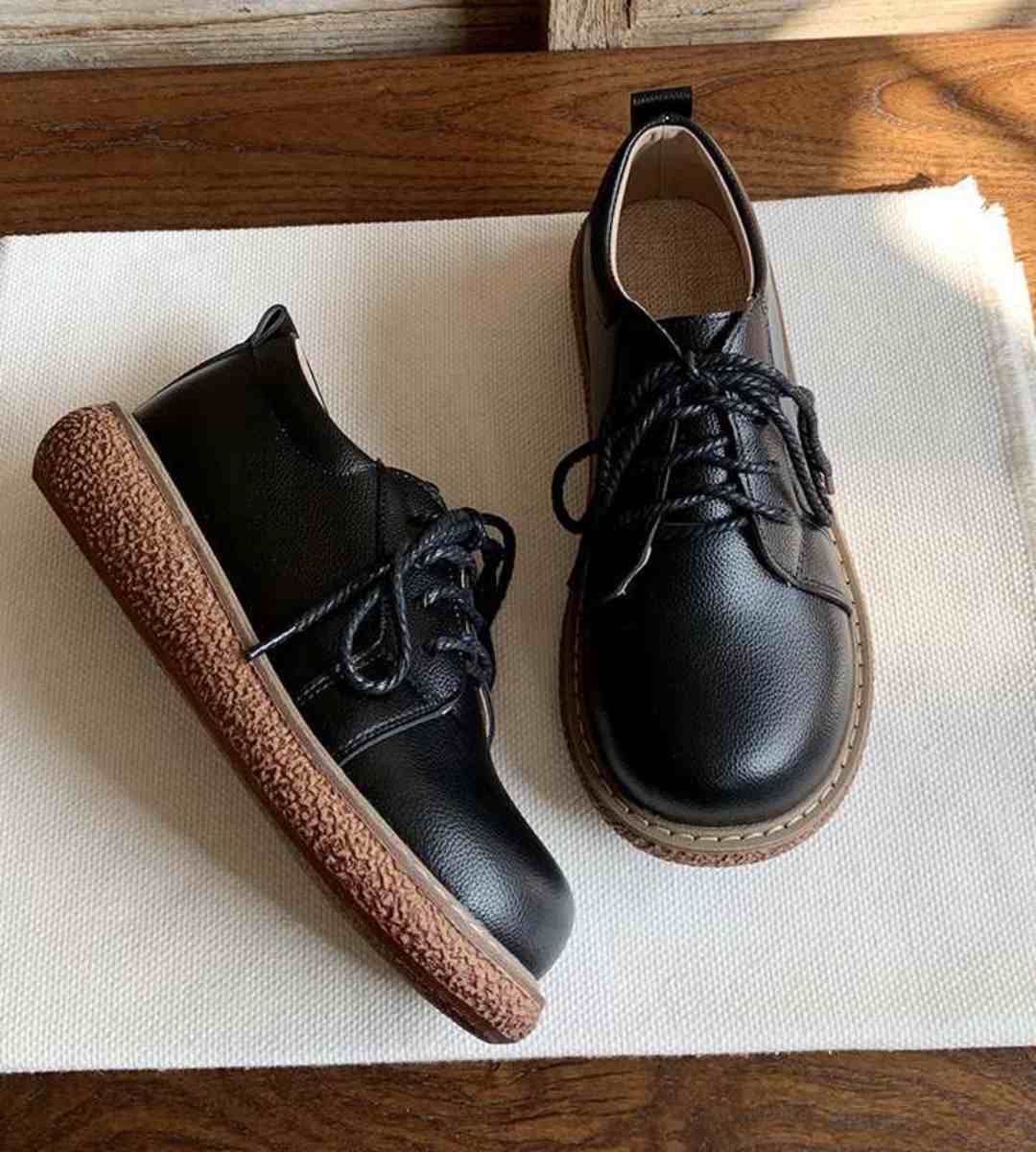 Spring Thick-soled Lace-up Round Toe Shoes Leather Aesthetic
