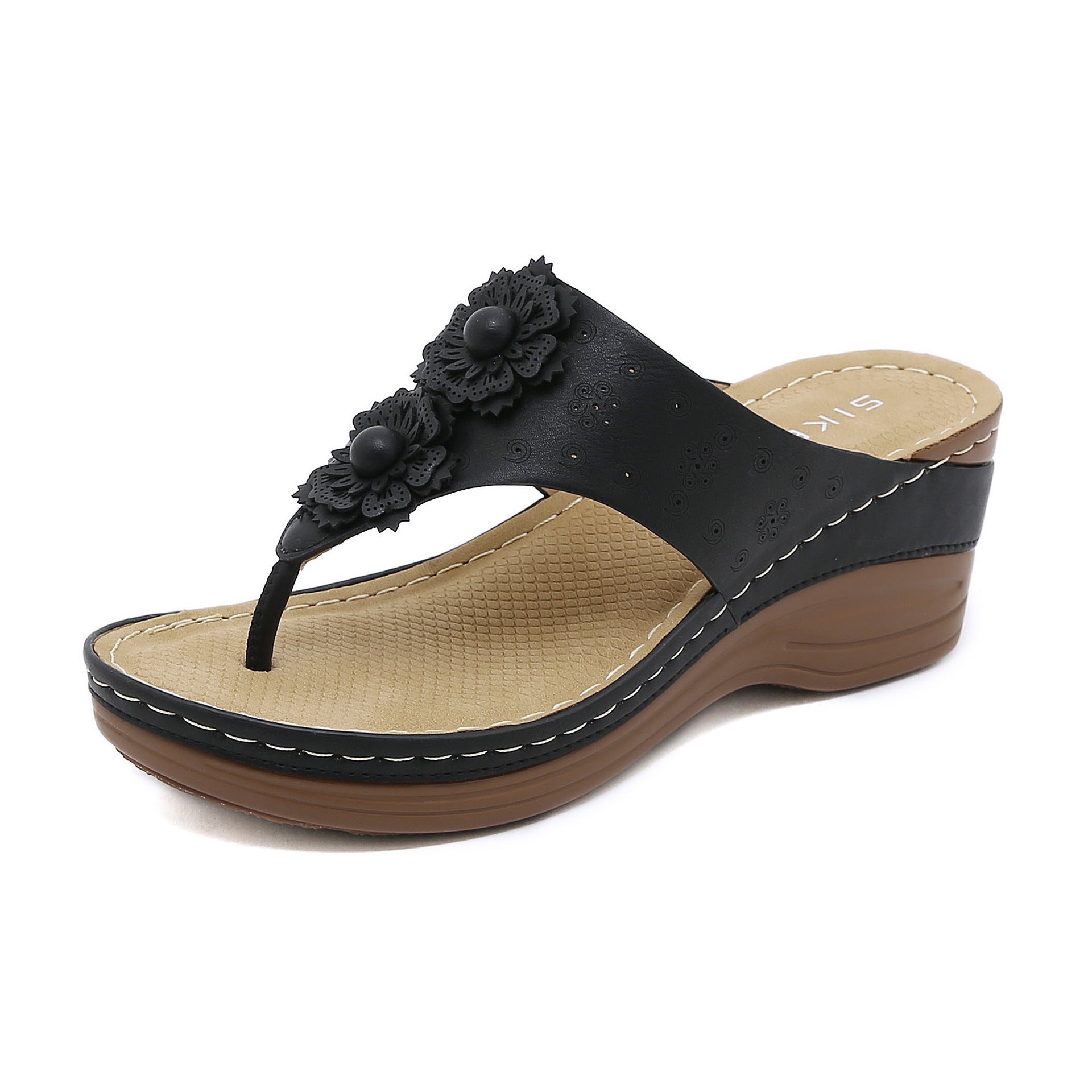 Non-Slip Bottom Women's Shoes Stitching Wedge Ethnic Flower Large Size Slippers Women