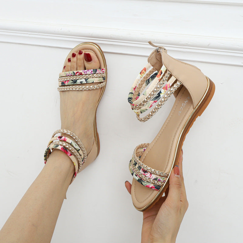 Flat Roman Style Shoes Women's Fashion Casual Sandals Holiday Travel Flower Cloth Beach