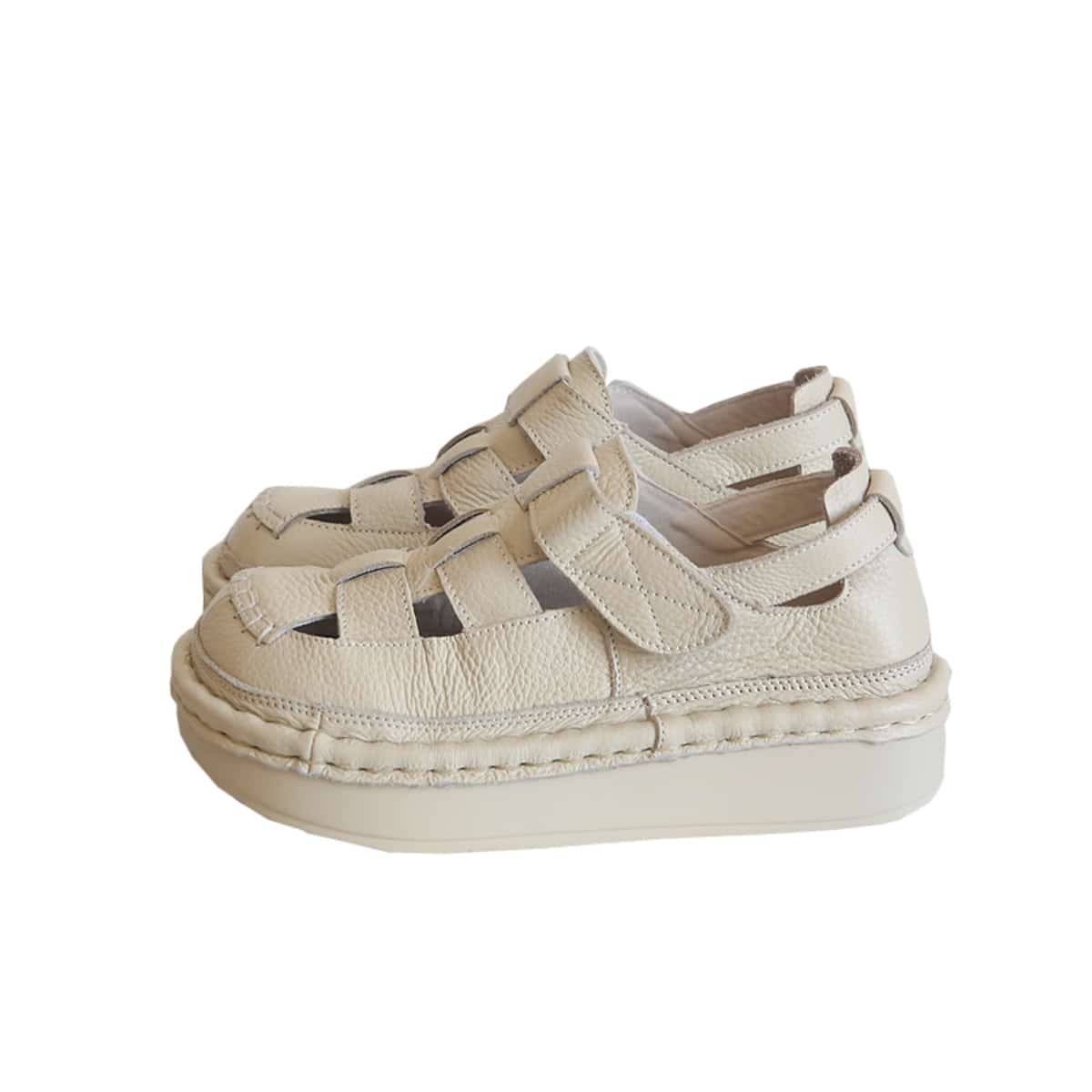 Leather Hollow Round Head Platform Big Head Shoes Summer Velcro Roman Sandals