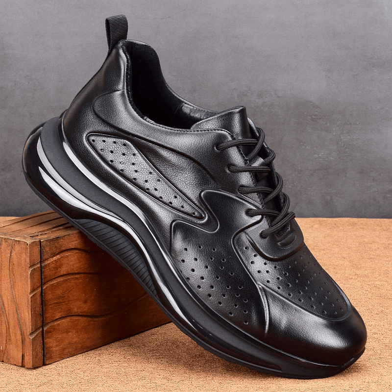 Summer hollow breathable leather first layer cowhide sports shoes men's thick-soled ultra-light shock-absorbing running shoes