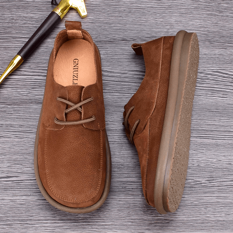 Summer leather single-layer cowhide men's leather shoes breathable fashion wide feet round head casual platform single shoes