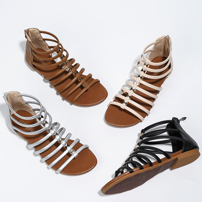 Women's Sandals Simple Summer Seaside Holiday Retro Flat Bottom Back Zipper Ethnic Bohemian Roman Shoes