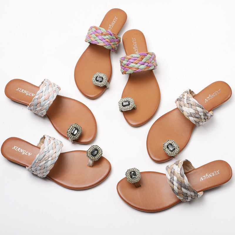Toe outside Wedge Slippers Woven Bohemian Rhinestone Vacation Beach Shoes