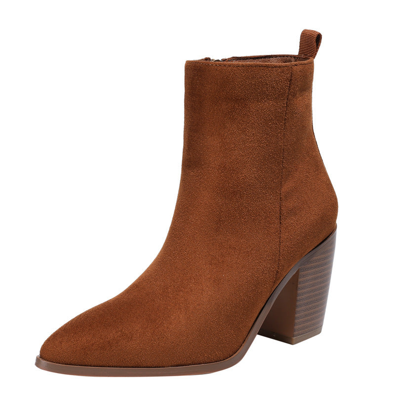 Chunky Heel Martin Boots Women's Slimming Autumn and Winter Suede Side Zipper Thin Short Women's Shoes