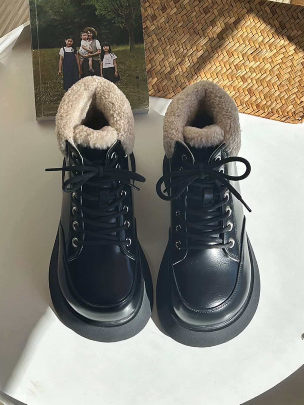Imitation lamb wool lace-up thick-soled Martin boots winter heightening handsome black short boots