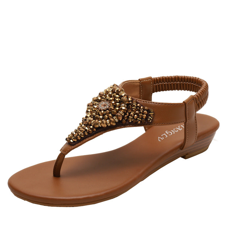 Sandals Women's Wedge Flip-Toe Rhinestone Simple Seaside Vacation Roman Shoes