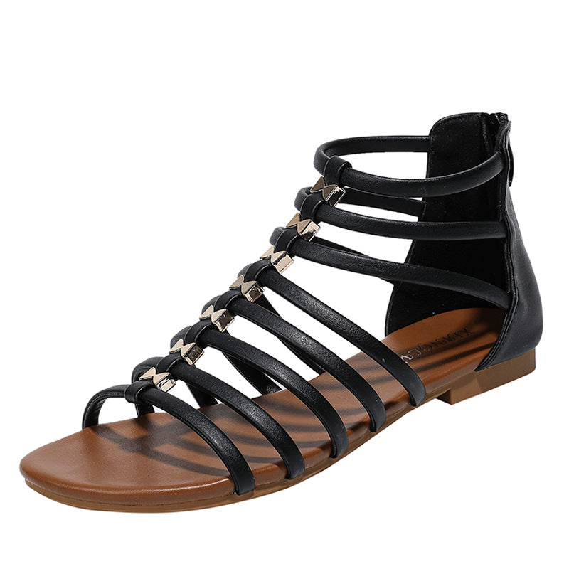 Women's Sandals Simple Summer Seaside Holiday Retro Flat Bottom Back Zipper Ethnic Bohemian Roman Shoes