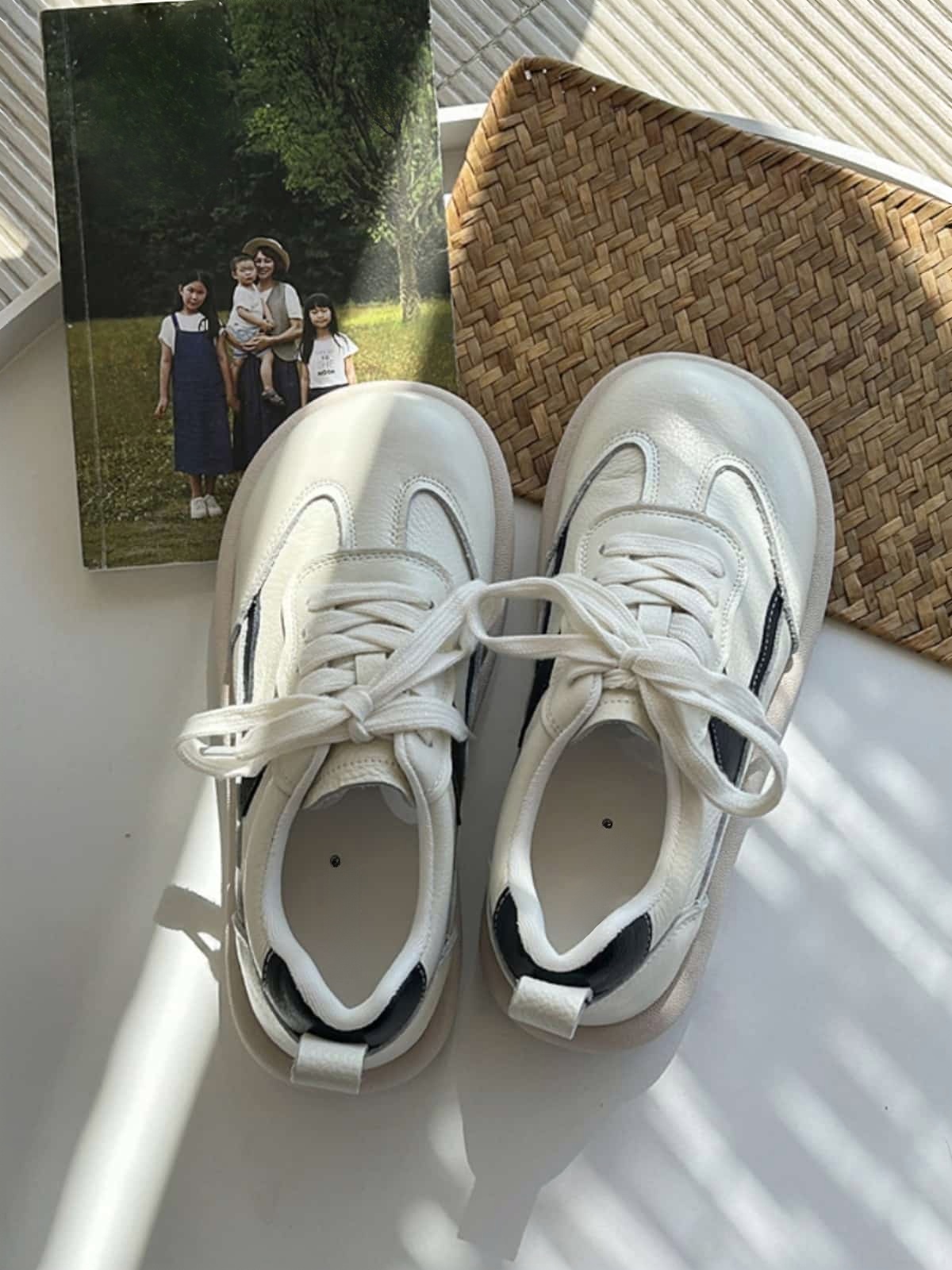 Leather round head strappy flat shoes comfortable soft sole color matching shoes little white shoes autumn