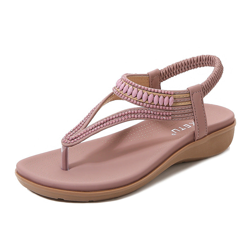 New Sandals Women's Elastic Band Beaded Soft Breathable Lightweight Comfortable Large Size Wedge Women's Shoes