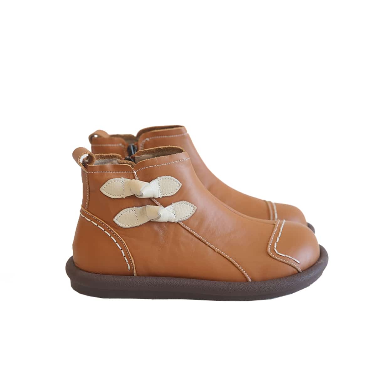 Leather round head flat bottom short boots autumn new side zipper comfortable low heel women's boots