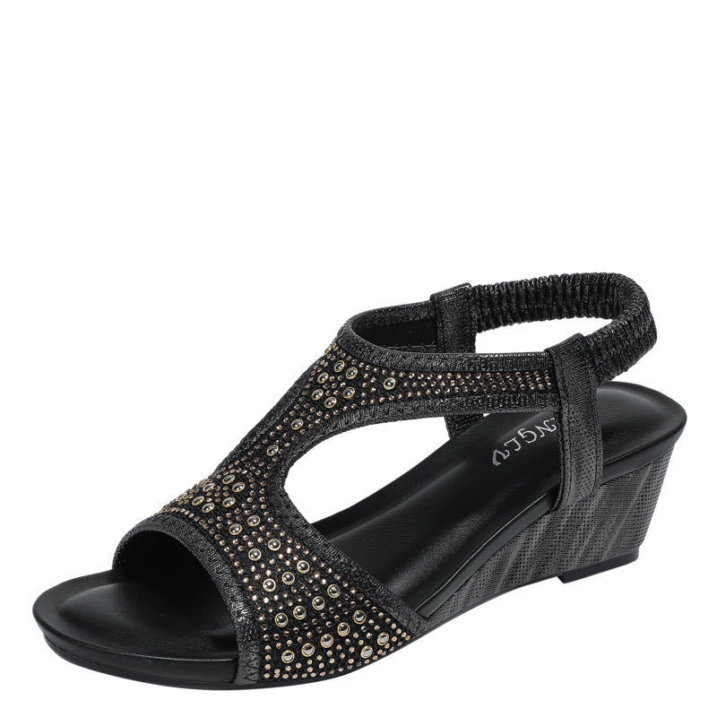 Roman Fashion Women's Sandals Mid Heel Elastic Rhinestone Wedge Sandals