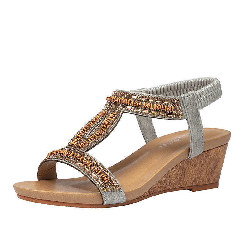 Ethnic Wedge Sandals Women's Rhinestone Travel Sandals Bohemian Heel Shoes
