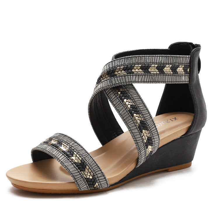 Women's Wedge Sandals Summer Non-Slip Ankle-Strap Open Toe Roman Shoes Back Zipper 39-42 plus Size